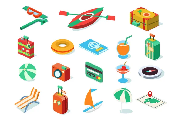 Conjunto de iconos de viaje, vector de objetos de vacaciones de verano Ilustraciones sobre un fondo blanco — Vector de stock