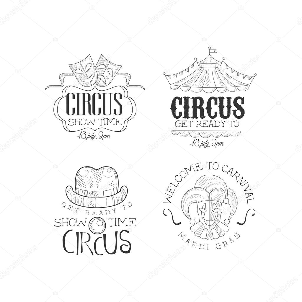 Collection of 4 sketch style emblems for circus and Mardi Gras carnival. Entertainment theme. Original hand drawn logo templates for advertising banner, poster or flyer. Isolated vector illustrations.
