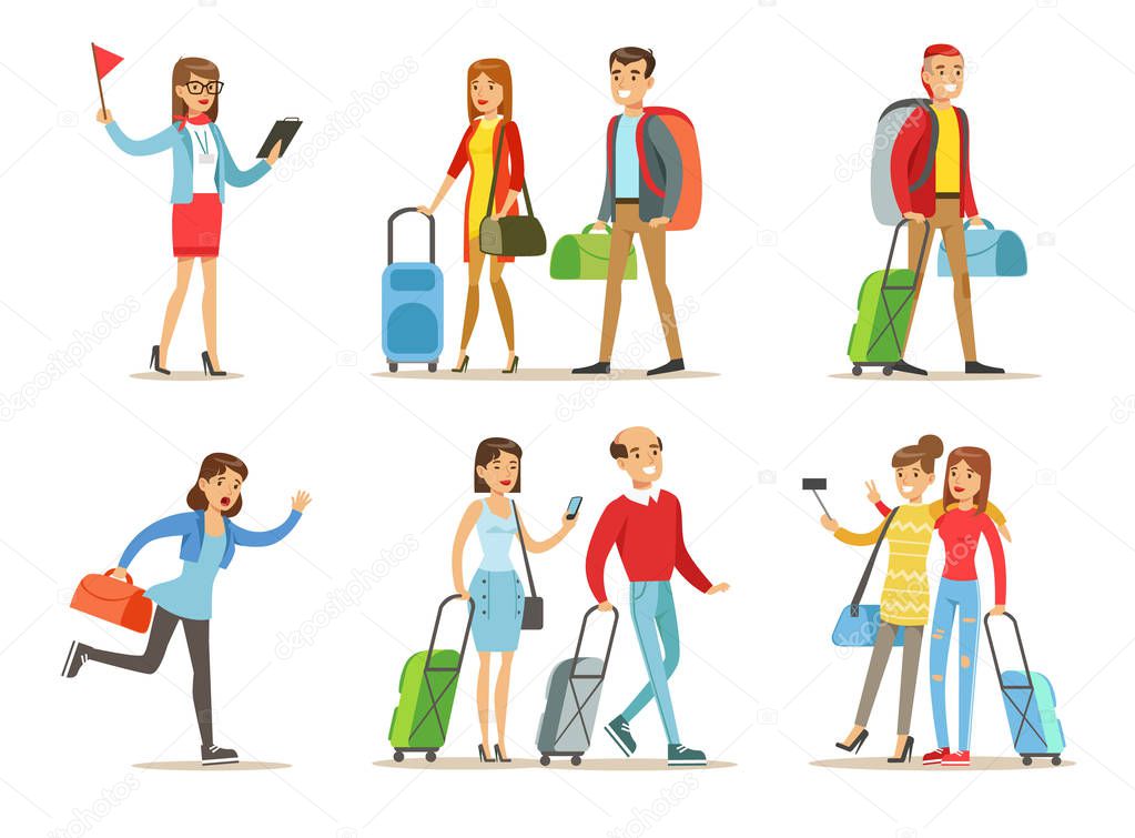Flat vector set of people with travel bags. Tourist guide, couples with luggage, girlfriends making selfie, running fast woman. Vacation theme