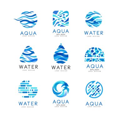 Düz vektör set orijinal aqua logoları. Su dağıtım şirketleri için soyut mavi Amblemler. Öğeleri reklam posteri veya başlığı için