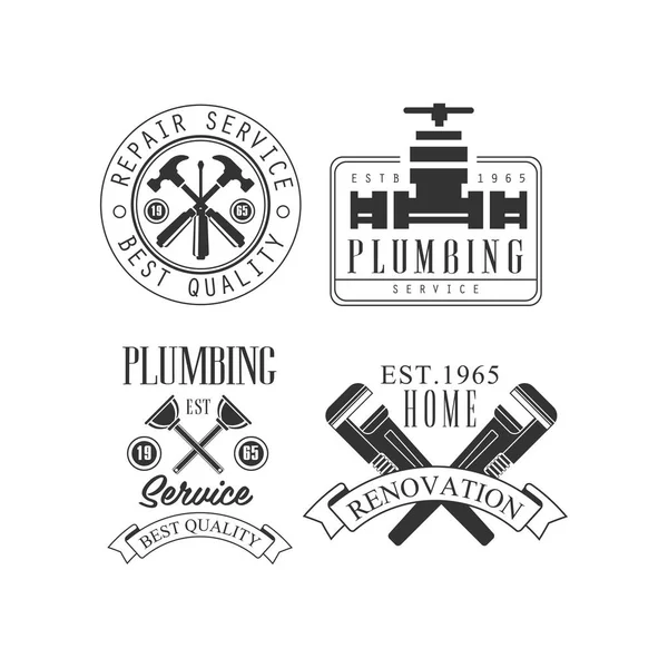 Conjunto de logotipos monocromáticos para a reparação de empresas com ferramentas de trabalho e texto. Emblemas de vetor para serviços de canalização e renovação de casas — Vetor de Stock