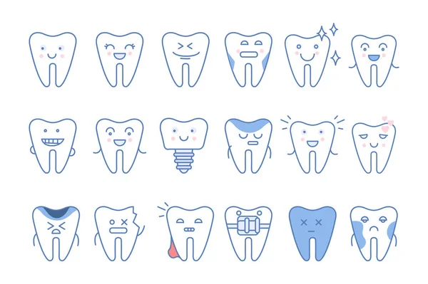 Personagens Dentes Engraçados Com Diferentes Emoções Conjunto Odontologia Vetor Tratamento — Vetor de Stock