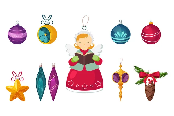 Nový rok tradiční symboly kolekce, Vánoční ozdoby, koule, hvězdy, rampouchy, angel výzdoba vektorové ilustrace na bílém pozadí — Stockový vektor