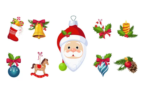 New Year traditional symbols collection, Christmas tree decorations, bell, sock, Santa Claus, horse decor vector Illustrations on a white background — Stock Vector