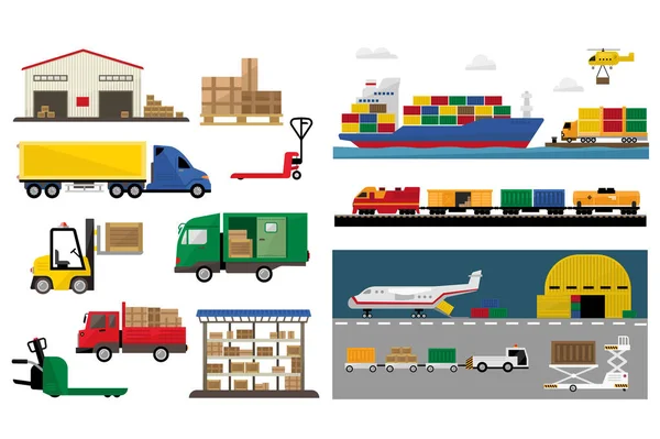 Áruszállítás szett, szállítás és a szállítási rakomány szállítás vektor illusztrációk fehér alapon — Stock Vector