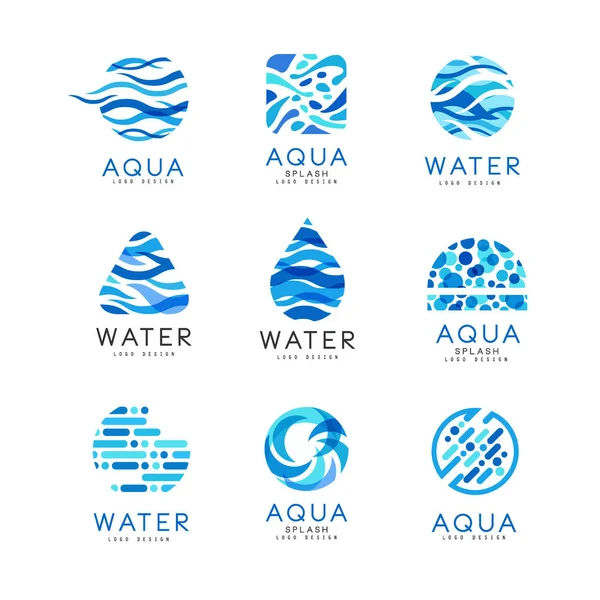 Set vettoriale piatto di loghi aqua originali. Emblemi blu astratti per le aziende di erogazione dell'acqua. Elementi per poster o banner pubblicitari — Vettoriale Stock