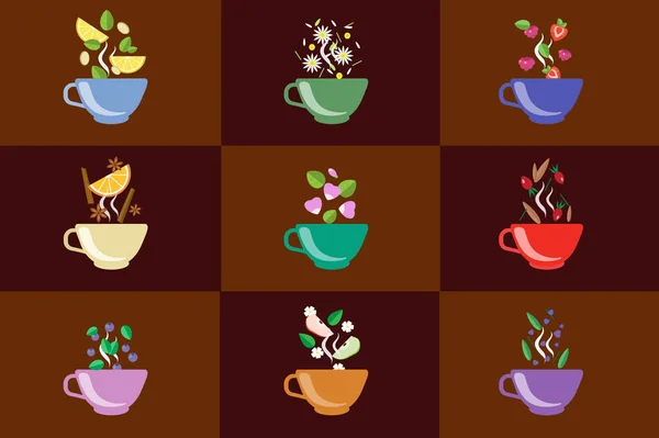 Cups of herbal tea set, fruit and berry tea vector Illustrations in flat style — Stock Vector