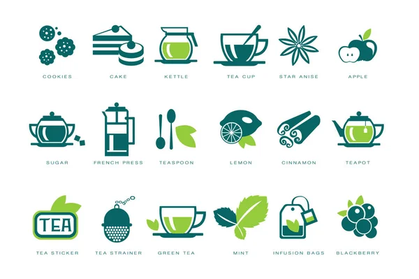 Tea time icons set, cookie, cake, kettle, cup, sugar, french press, teaspoon, lemon, infusion bag, strainer linear vector Illustrations — Stock Vector