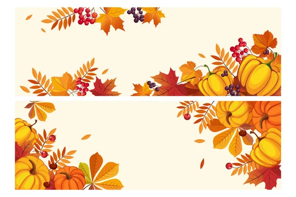 Fond de Thanksgiving avec espace pour le texte, bannières horizontales avec feuilles d'automne et citrouilles, baies de rowan et vecteur aronia Illustration — Image vectorielle