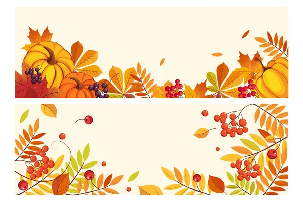 感謝祭の背景にテキスト、オレンジ色のカボチャと水平方向のバナー、カエデやナナカマドのベクトル図の葉のためのスペース — ストックベクタ