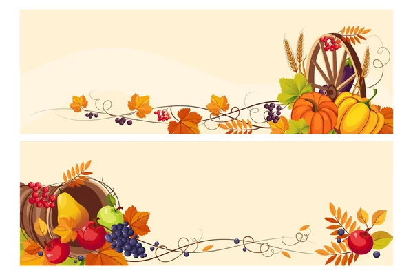 Fundo de ação de graças com espaço para texto, banners horizontais com folhas de uva de outono, abóboras, vetor de frutas e legumes Ilustração — Vetor de Stock