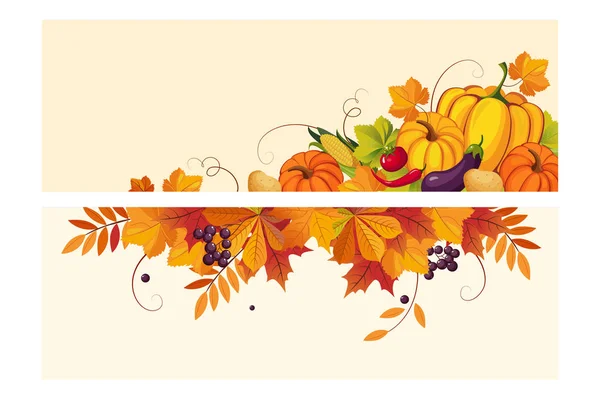 Thanksgiving bakgrund med utrymme för text, horisontella banners med hösten lämnar och grönsaker vektor Illustration — Stock vektor