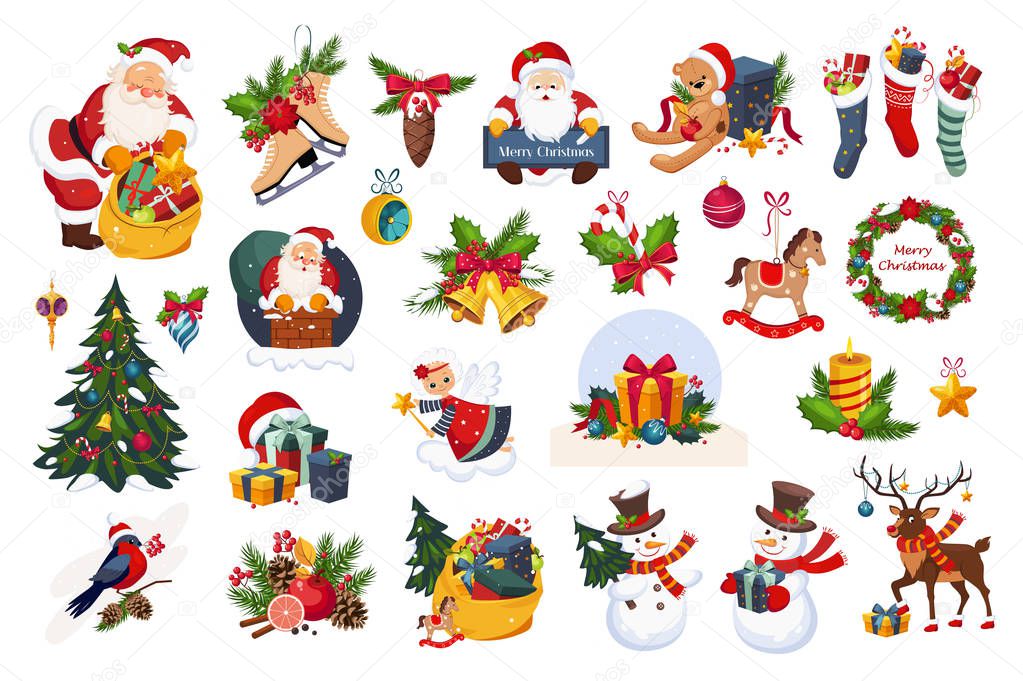 Christmas big set, New Year holiday decoration elements vector Illustrations on a white background