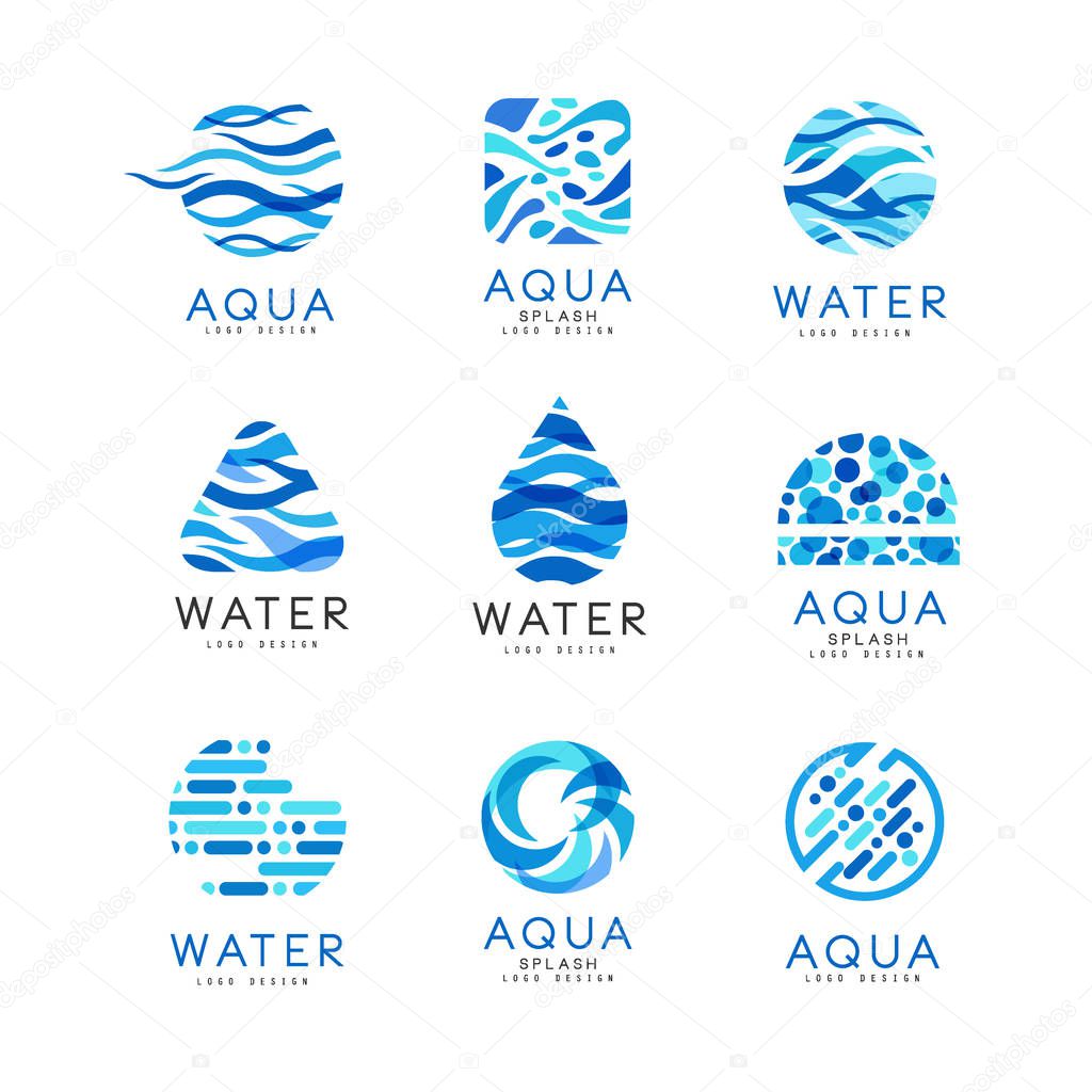 Collection of 9 original aqua logo templates. Abstract blue emblems for water delivery companies. Flat vector design isolated on white background. Graphic elements for advertising poster or banner.