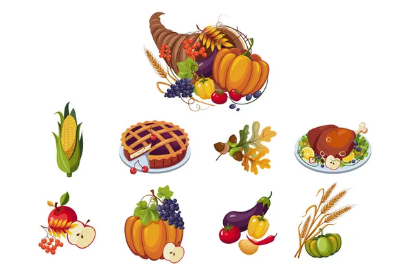 Traditionella symboler för Thanksgiving day set, höstens ymnighetshorn med grönsaker vektor Illustration på vit bakgrund — Stock vektor