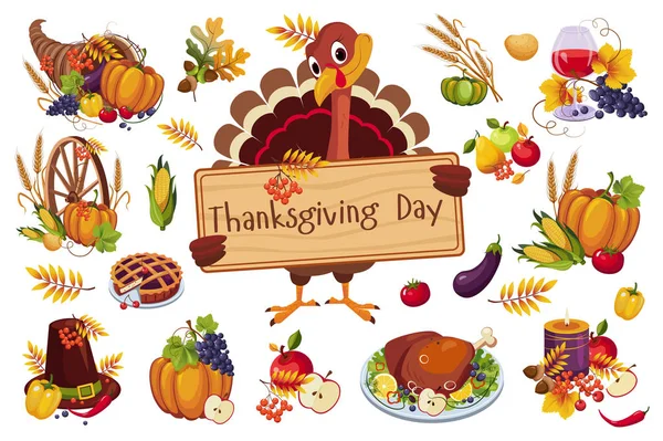 Turquie pour Thanksgiving jour tenant enseigne en bois, symboles traditionnels de vacances d'automne vecteur Illustration sur un fond blanc — Image vectorielle