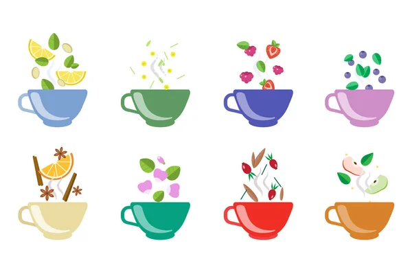 Cups of herbal tea set, fruit and berry tea vector Illustrations on a white background — Stock Vector