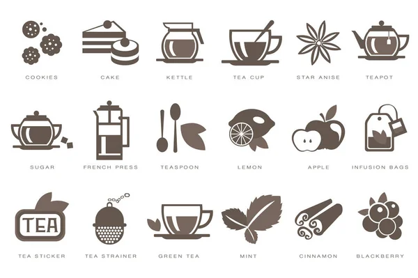 Чай время линейные иконы набор, печенье, торт, чайник, чашка, сахар, французский пресс, чайная ложка, лимон, яблоко, инфузионный мешок, стрейнер черный вектор иллюстрации — стоковый вектор