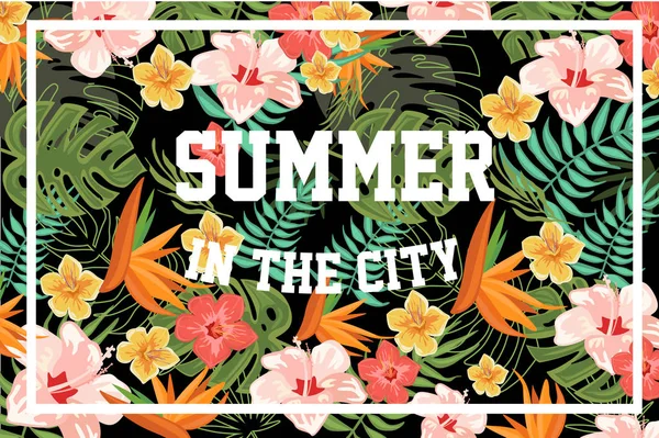 Nyáron a város, pálma levelek és virágok, a design elem, a banner, plakát, prospektus, szórólap színes vektoros illusztráció — Stock Vector