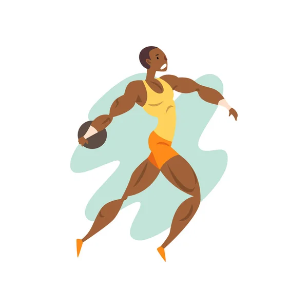 Hombre atleta muscular lanzando un núcleo, deportista profesional en el campeonato deportivo vector de competición de atletismo Ilustración sobre un fondo blanco — Archivo Imágenes Vectoriales