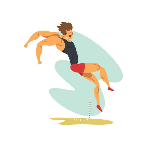 Atleta masculino haciendo salto de longitud, deportista profesional en el campeonato deportivo vector de competición de atletismo Ilustración sobre un fondo blanco — Archivo Imágenes Vectoriales