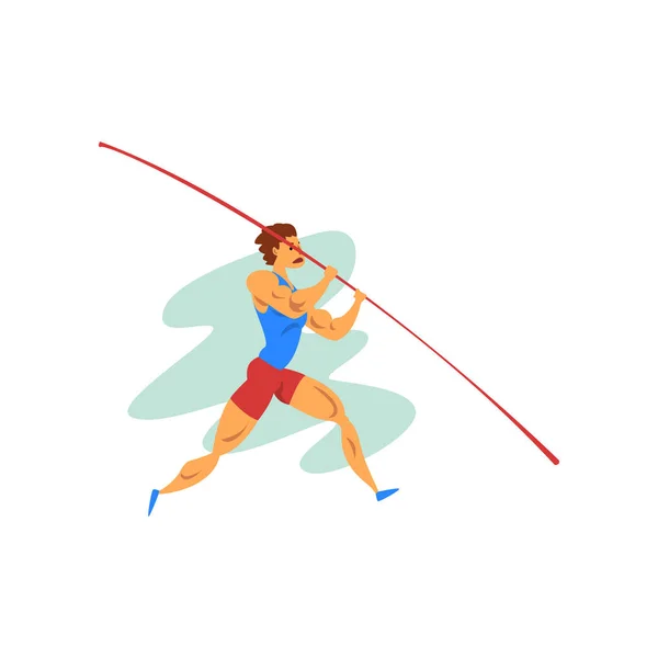 Männlicher Athlet beim Springen mit einer Stange, professioneller Sportler bei der Leichtathletik-Meisterschaft Vektor-Illustration auf weißem Hintergrund — Stockvektor