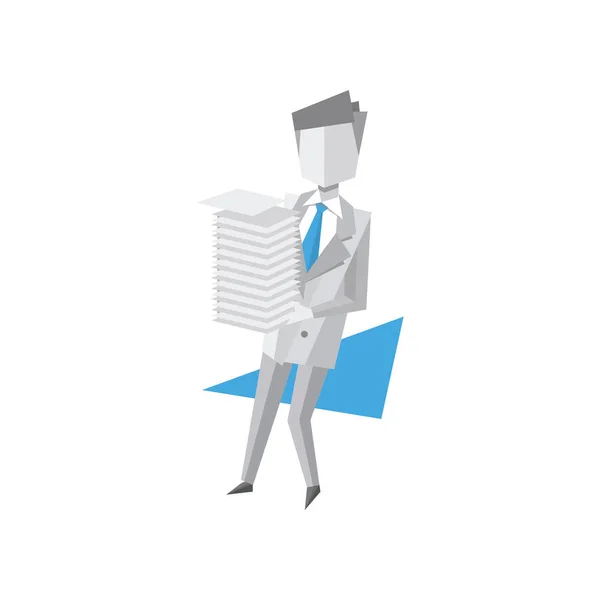 Homme d'affaires tenant pile de papiers de bureau et de documents vectoriel Illustration sur fond blanc — Image vectorielle