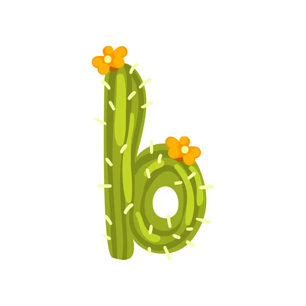 B 字母以仙人掌的形式与橙盛开的花朵, 绿色生态英语字母矢量插图白色背景 — 图库矢量图片