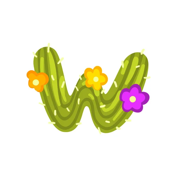 Kaktüs çiçek açan çiçekler, yeşil eco İngilizce mektup vektör çizim beyaz bir arka plan üzerinde ile şeklinde W harfi — Stok Vektör