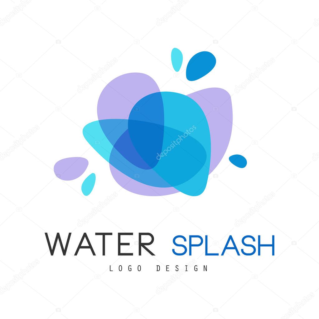 Water splash logo design, brand identity template with blue water splashes, ecology element for poster, banner, card, presentation vector Illustration isolated on a white background.