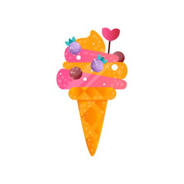Lezzetli dondurma çilek ve tatlılar gözleme koni vektör çizim beyaz bir arka plan ile dekore edilmiş