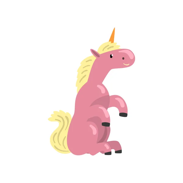 Drăguț unicorn roz, magie fantezie animal personaj vector de desene animate Ilustrație pe un fundal alb — Vector de stoc
