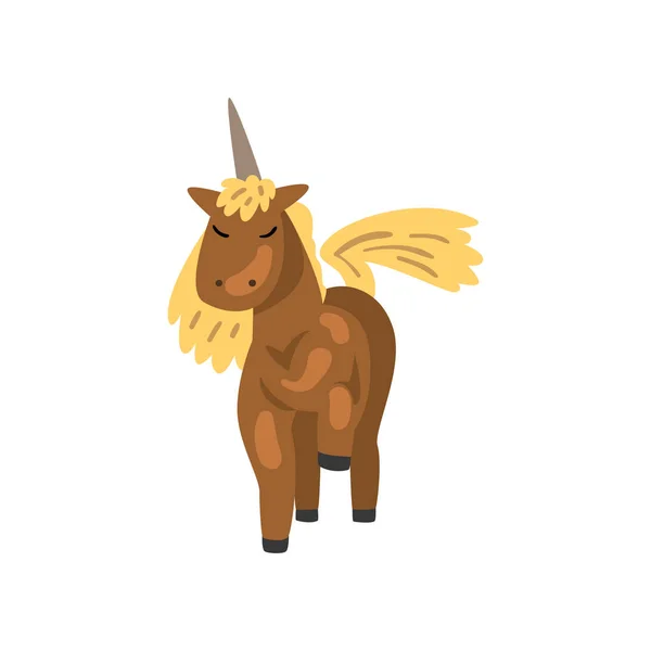 Mooie bruine unicorn, magische fantasie dieren karakter cartoon vector illustratie op een witte achtergrond — Stockvector