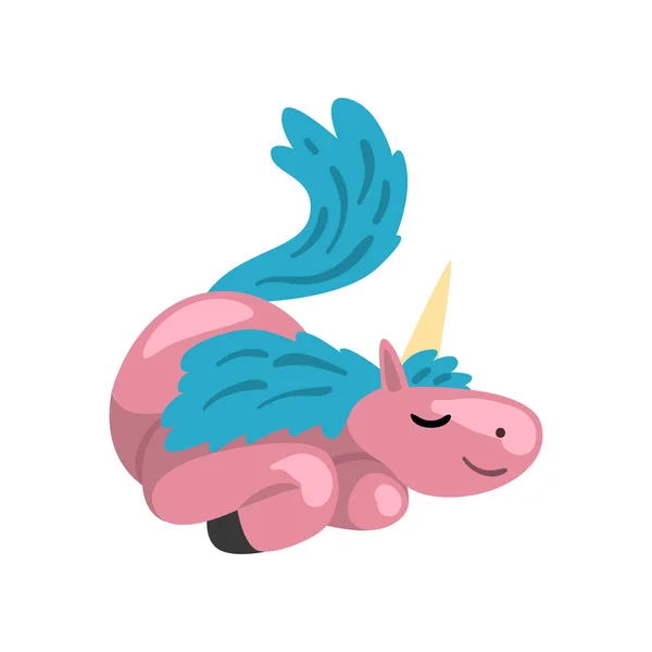 魔法ファンタジー動物キャラクター漫画ベクトル図、白地に青いたてがみと美しいピンクのユニコーン — ストックベクタ