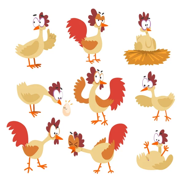 Conjunto engraçado de galinhas, personagens de desenhos animados em quadrinhos em diferentes poses e emoções vetor Ilustrações em um fundo branco . — Vetor de Stock