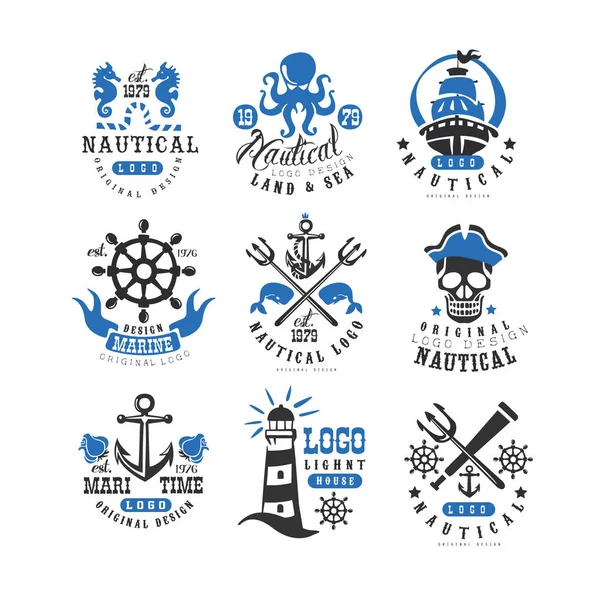 Marina logotyp set, designelement för nautisk skola, klubb, företagsidentitet, skriva ut produkter vektor Illustration på vit bakgrund — Stock vektor