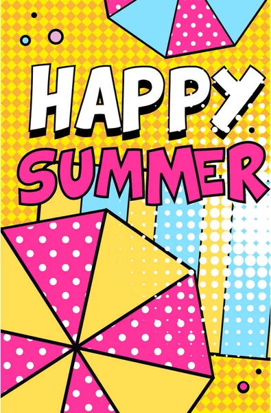 Banner de verano feliz, brillante retro arte pop estilo cartel vector Ilustración — Vector de stock