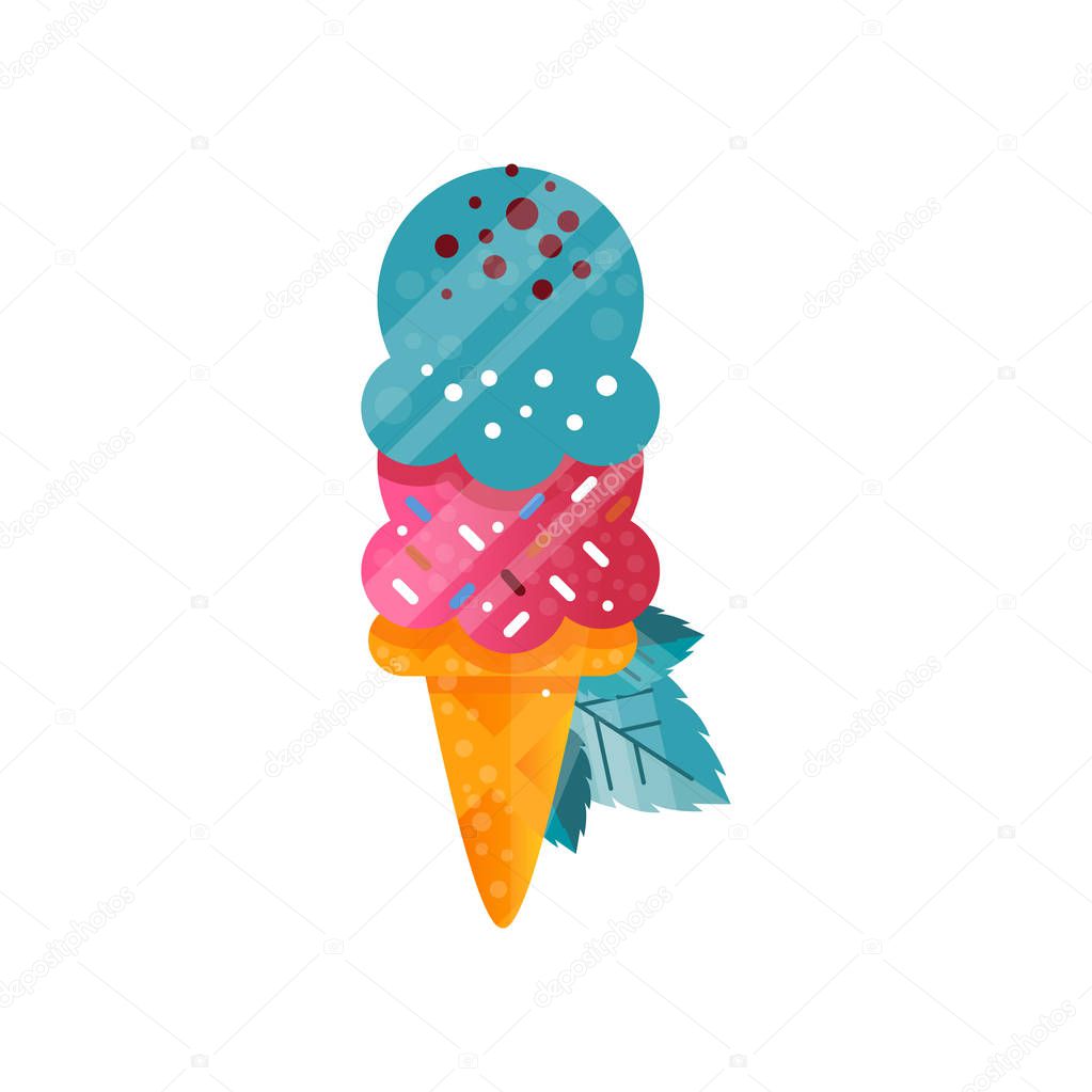 Delicious bright ice cream in waffle cone vector Illustration on a white background