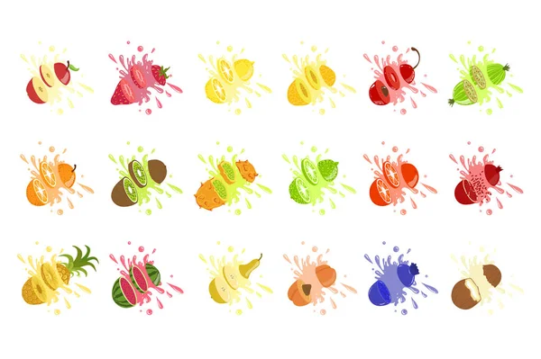 Set van fruit sap splash. Ananas, aardbeien, watermeloen, mango, perzik, blackberry, framboos, banaan, guave, bueberry, kokosnoot. Vector — Stockvector