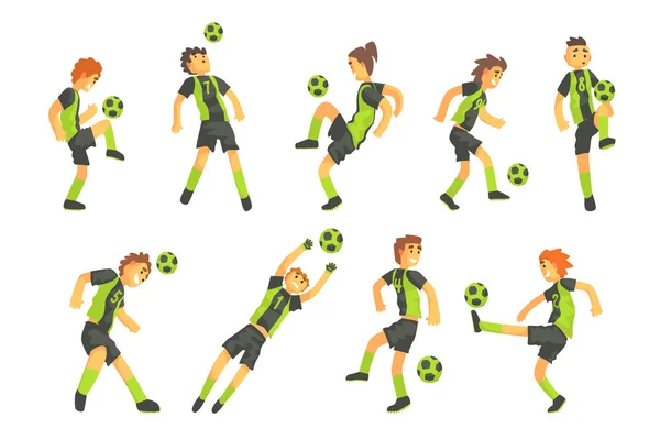 Jugadores de fútbol de un equipo con bola aislado conjunto de ilustración — Vector de stock