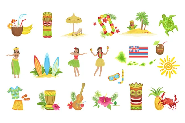 Ensemble de vacances hawaïennes de symboles classiques — Image vectorielle