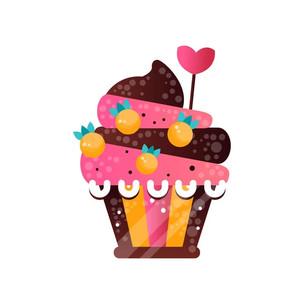 Deliciosa magdalena cremosa, pastelería dulce decorada con bayas y corazón de caramelo, postre para cumpleaños fiesta vector Ilustración sobre un fondo blanco — Vector de stock