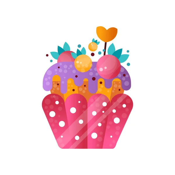 Pastel cremoso rosado, pastelería dulce decorada con bayas, postre para el vector de fiesta de cumpleaños Ilustración sobre un fondo blanco — Vector de stock