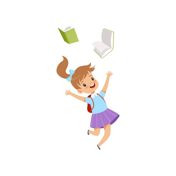 Ευτυχισμένος κορίτσι άλματα με βιβλία, μαθητής Δημοτικού σχολείου, παίζοντας και μαθαίνοντας εικονογράφηση διάνυσμα σε λευκό φόντο — Διανυσματικό Αρχείο