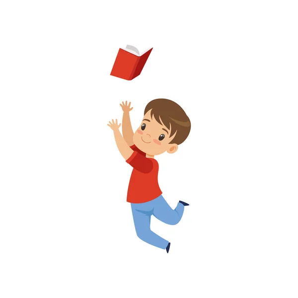 Leuke jongen springen met boek, kid spelen en leren van vector illustratie op een witte achtergrond — Stockvector