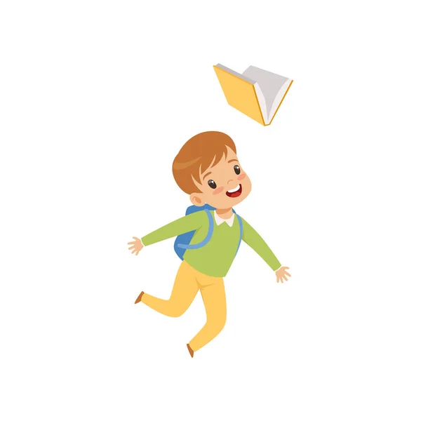 Szczęśliwy chłopiec skoki z książki, słodkie dziecko gry i nauki wektor ilustracja na białym tle — Wektor stockowy