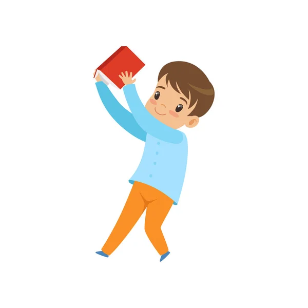 Lindo niño liitle con libro, niño jugando y aprendizaje vector Ilustración sobre un fondo blanco — Archivo Imágenes Vectoriales