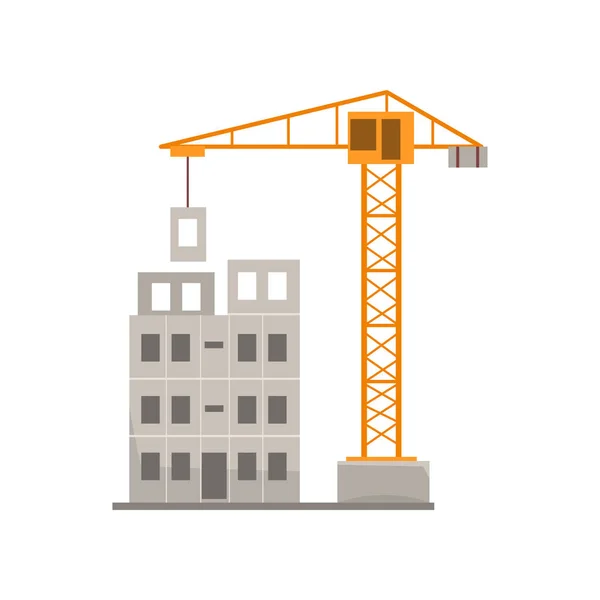 Construction Maisons Panneaux Avec Grue Vecteur Processus Construction Résidentielle Illustration — Image vectorielle