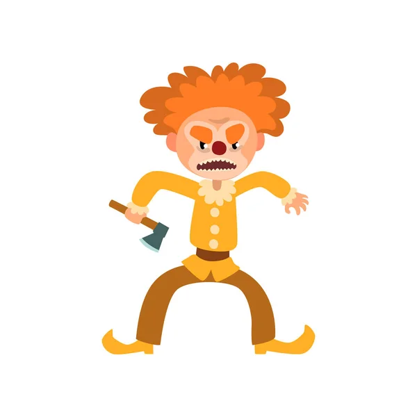Angry red haired clown cartoon character, halloween clown with evil eyes holding axe vector Illustration on a white background — Stock Vector