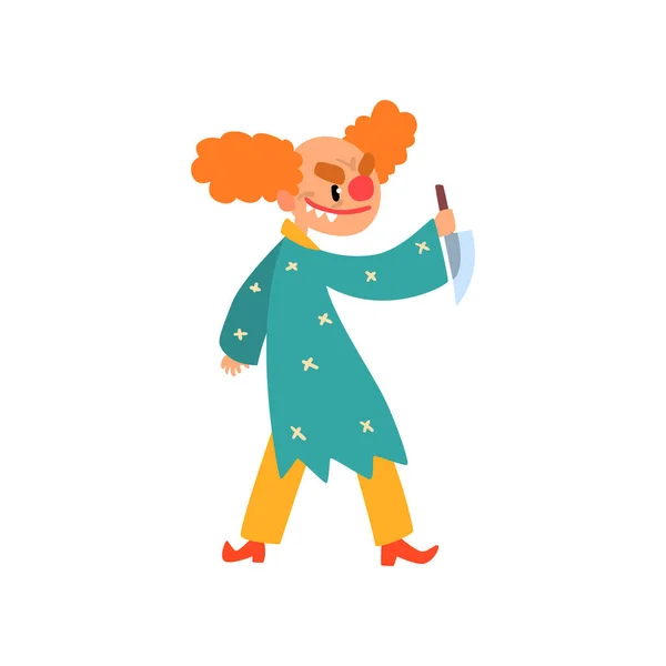 Clown aux cheveux rouges colérique personnage de dessin animé, clown halloween avec des yeux maléfiques tenant couteau vecteur Illustration sur un fond blanc — Image vectorielle